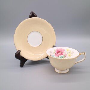 Aynsley Fine Bone China Beige Floral Flowers Vintage Cup & Saucer Set - 3519
